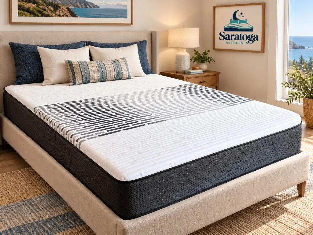The Monterey Hybrid (MTR2): a 10-inch white smooth-top mattress with a central dark gray rectangular pattern, in a coastal bedroom with an ocean view.
